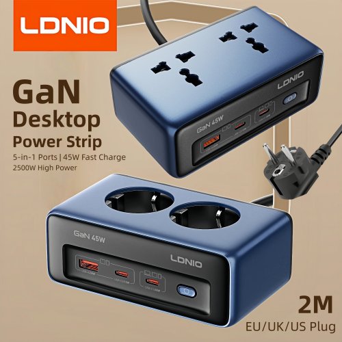 Image of LDNIO 45W USB-C Fast Charging Station with 2M Power Strip Extension Cord – Universal Plug Adapter for US, UK, EU, KR Outlets