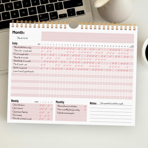 Image of 12-Month Undated A4 Habit Tracker Planner with Daily, Weekly & Monthly Layouts – Spiral-Bound Journal for Goal Tracking and Productivity