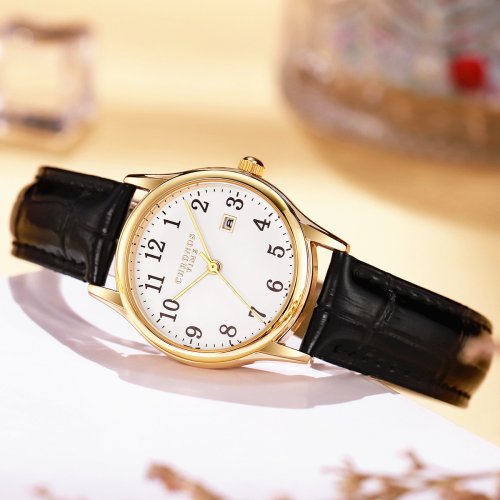 Zdjęcie Elegancki zegarek damski Chronos – luksusowy model kwarcowy z paskiem ze skóry, wodoodporny z wyświetlaniem daty