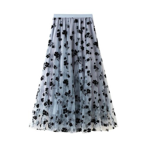 Image of Elegant Floral High-Waisted Tulle Midi Skirt for Women – Korean-Style Flocking Pleated Mesh Skirt for Summer and Office Wear