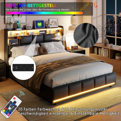 Image of Modern Upholstered Storage Bed with Hydraulic Lift, LED Lighting, and USB Charging Ports for Adults