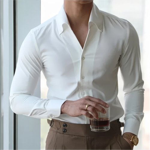 Imagen de Camisa para Hombre con Cuello Italiano Sin Arrugas, Diseño Moderno y Ajustado con Solapa, Ropa Formal Informal de Marca Juvenil Nueva