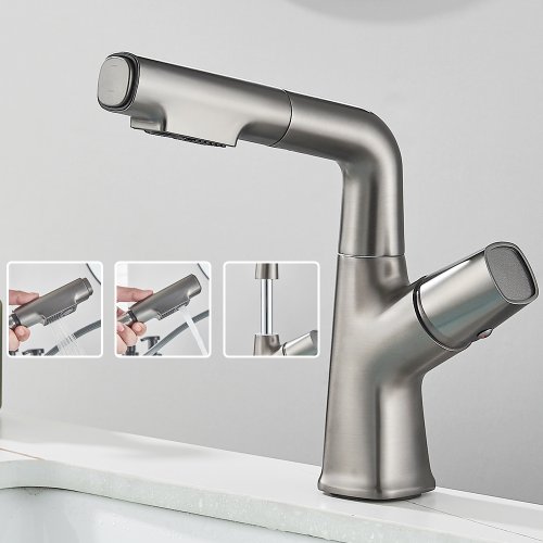 Image of Elegant 360-Degree Rotating Bathroom Sink Faucet with Pull-Down Spray Head and Hot/Cold Water Mixer Tap