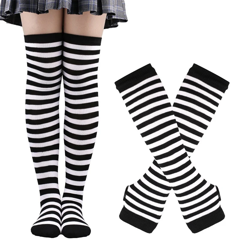 Imagen de 1 Juego de calcetines góticos Punk por encima de la rodilla a rayas largas, guantes con mangas para el brazo para niña, calcetines altos hasta el muslo de algodón, bonito regalo de Navidad