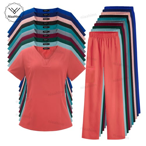 Afbeelding van Tandheelkundige Scrub T-Shirt Mode Eenvoudige Verpleegster Uniform V-Hals Top Joggingbroek Met Korte Mouwen Clinic Jack Verpleegkundige Accessoires Vrouwen