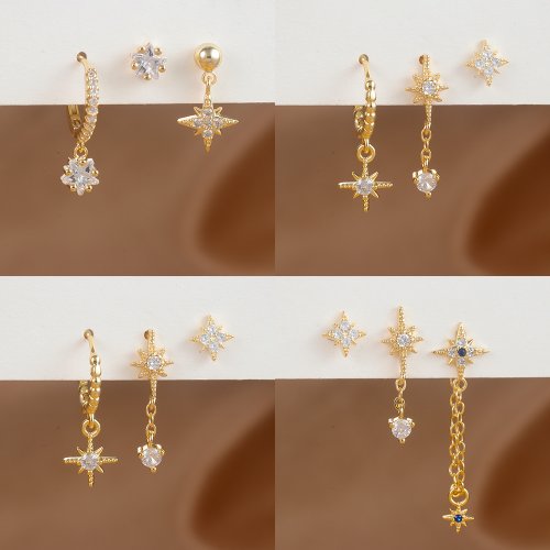 Imagen de Conjunto de pendientes de estrella de Color dorado para mujer, colgante de circón, pendiente de aro de acero inoxidable, joyería de boda de tendencia, 3 uds.