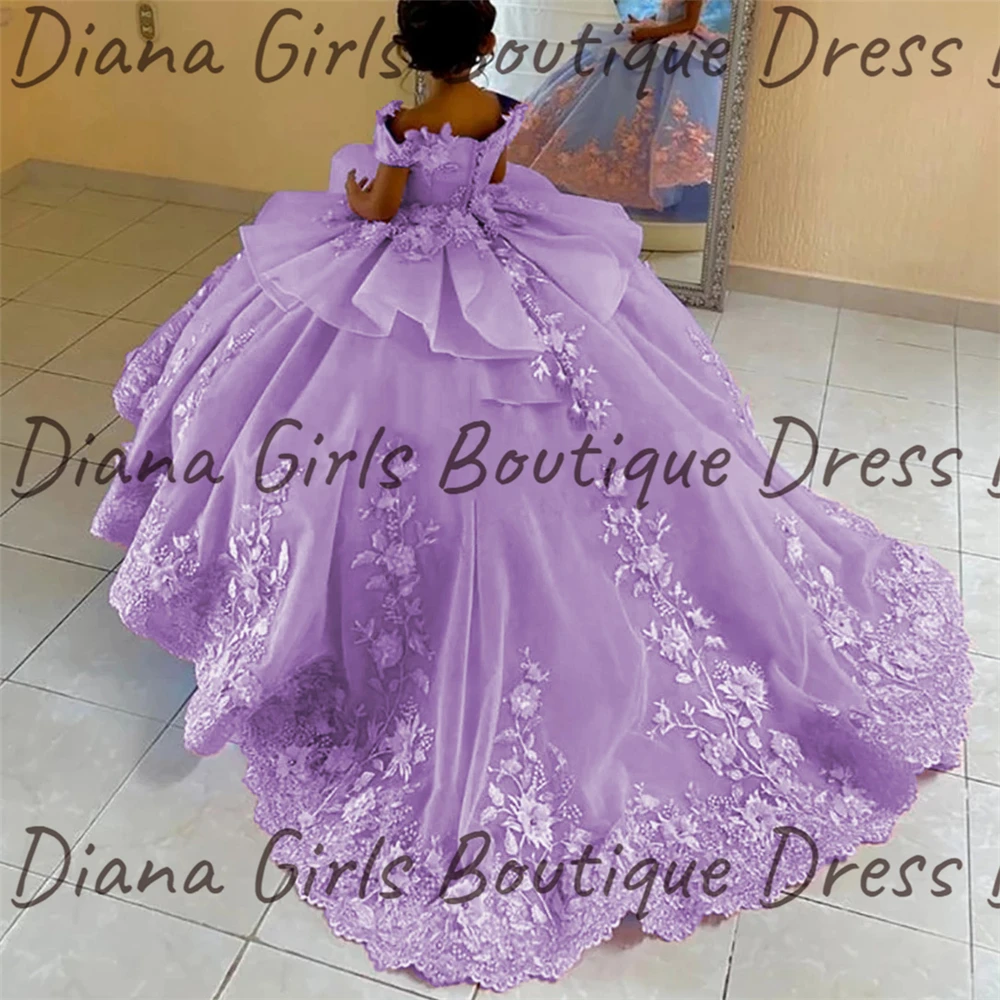 Image of Elegant Double Color Flower Girl Dress with Princess Ball Gown Design, Applique Embellishments for Weddings, Birthday Parties, First Communion