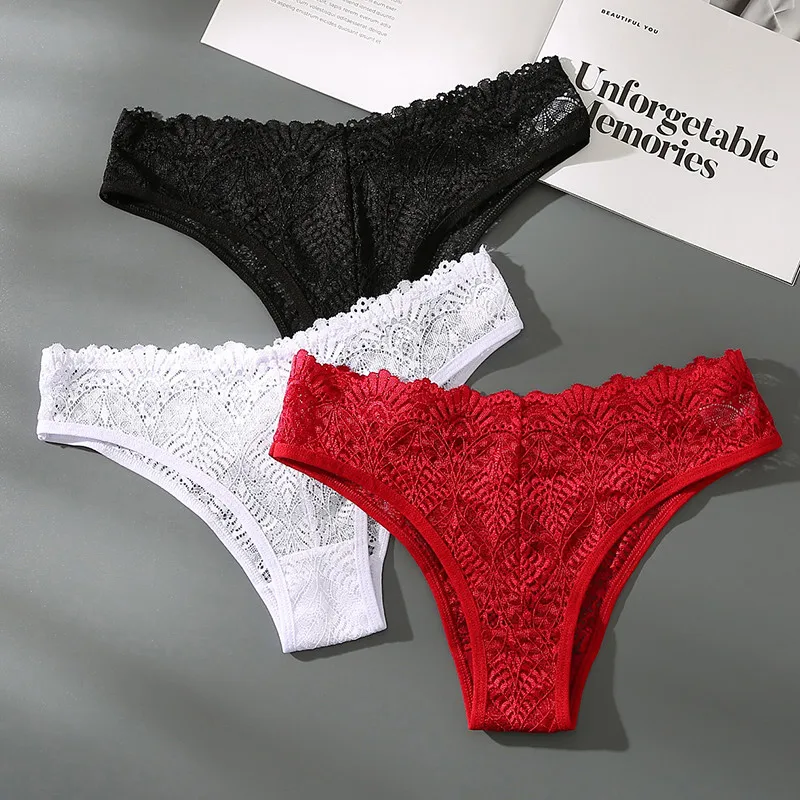 Immagine di Mutandine di Pizzo Sexy in Biancheria Intima da Donna Traspirante, Modello Cavo a Vita Bassa Tinta Unità con Ricamo Seducente e Design Moda Comodo