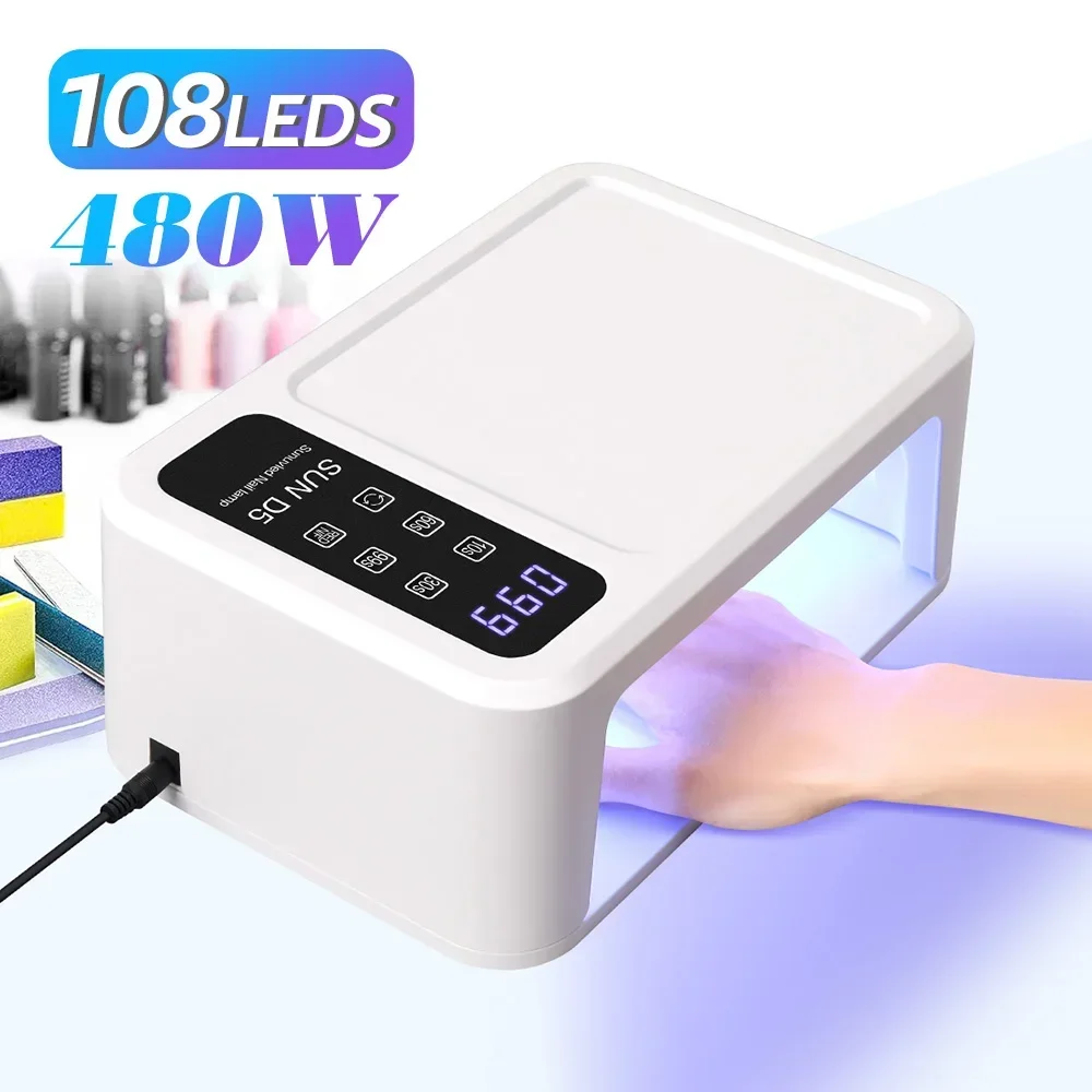 Imagen de Lámpara LED UV de 480W para uñas, secador de uñas de 108 LED con modo de blanqueamiento de luz roja, lámpara de manicura de gran espacio, 4 ajustes de temporizador