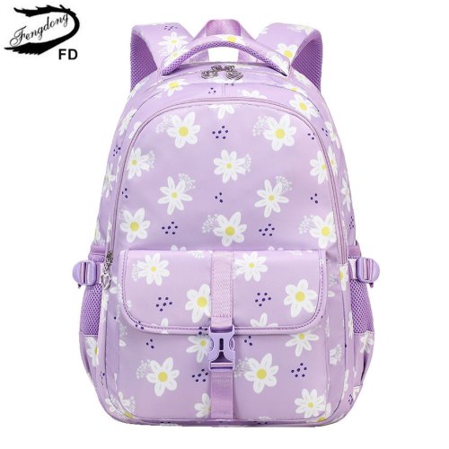 Bild von Lila Blumen-Rucksack für Mädchen – Großer Schulrucksack mit vielen Taschen