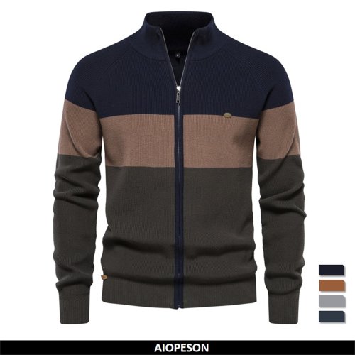 Bild von Herren Strickjacke mit Reißverschluss – Patchwork-Design, Baumwolle, Herbst-Winter Pullover für junge Männer, hochwertig und modisch