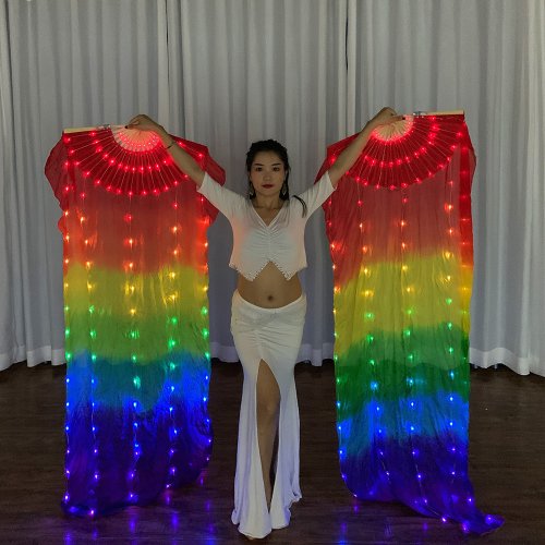 Immagine di Ruoru Carnival Led Silk Fan Veil danza del ventre Fan Veils 100% Silk LED Light Show danza del ventre Performance sul palco costumi di danza