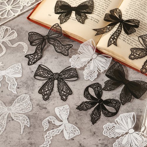 Image of Black and White Lace Decorative Pet Stickers Pack – 20-Piece Self-Adhesive DIY Scrapbooking & Junk Journal Crafting Set