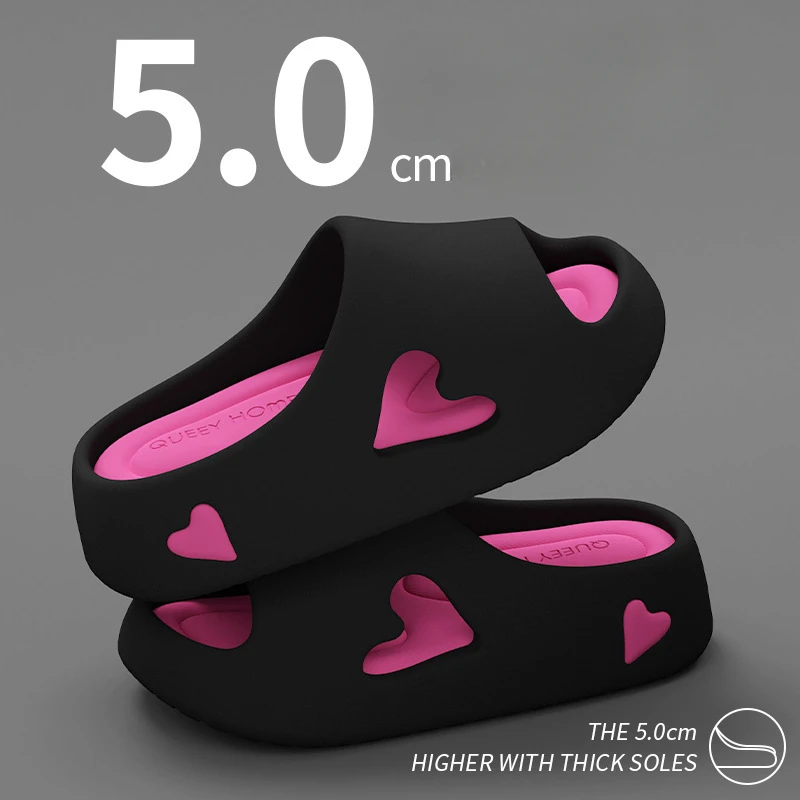 Image of Women's Soft Comfortable Heart-Print Platform Flip Flops - Indoor Outdoor Summer Slide Sandals with Cloud-like Eva Sole for Home, Hotel & Beach