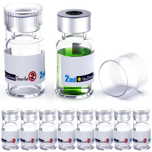 Fiale Vuote Sterili in Vetro da 13-20 mm con Tappo Riutilizzabile e Porta di Iniezione Autorigenerante, Confezione sterile trasparente con fibbia