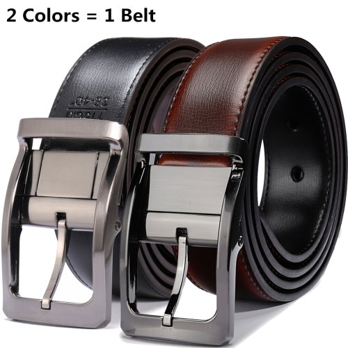 Imagen de Cinturón Reversible de Cuero Genuino para Hombre con Hebilla Giratoria, Diseño Dos en Uno, Ancho y Alto, Ideal para Estilo Casual y Formal