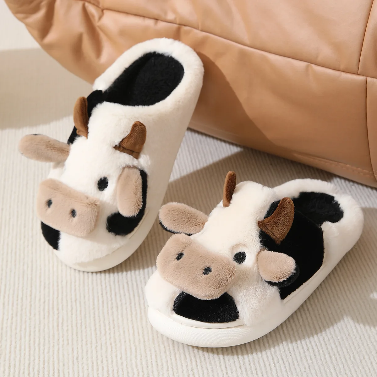 Image of Cozy Winter Plush Slippers for Women and Men – Soft, Non-Slip Indoor Flip Flops with Cute Cow Design, Perfect for Couples and Kids