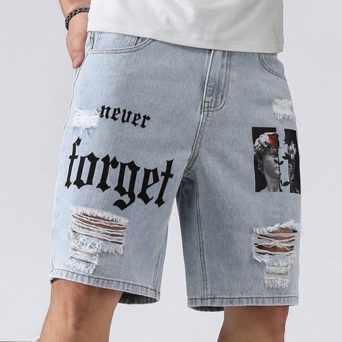 Afbeelding van Stijlvolle Heren Zomer Denim Shorts met Stretch: Gescheurde Knielengte Baggy Jeans voor Streetwear & Casual Look