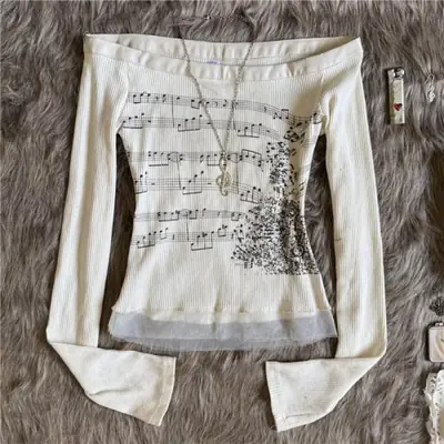 Image de T-Shirt Femme Y2K à Épaules Dénudées Imprimé Musique