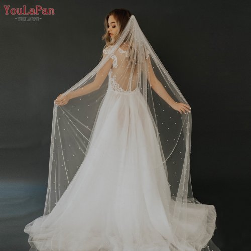 Immagine di YouLaPan V05 velo da sposa in Tulle da sposa di lusso velo da sposa con perle con pettine per capelli velo da sposa lungo a 1 livello velo da sposa cattedrale