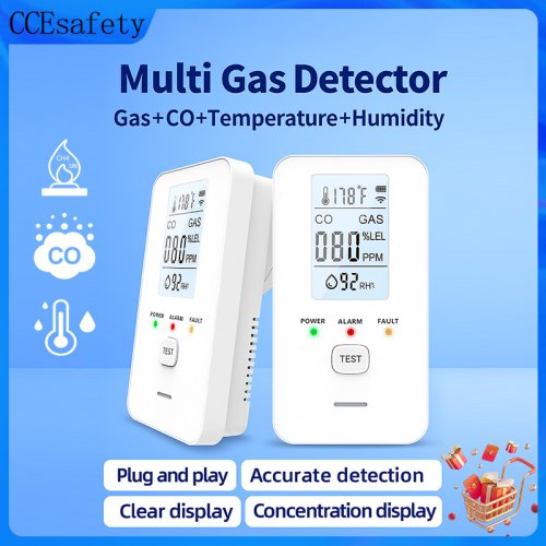 Zdjęcie Detektor gazu i tlenku węgla 4w1, czujnik temperatury i wilgotności, wtyczka AC, detektor wycieku gazów palnych, alarm gazowy, wyświetlacz LCD