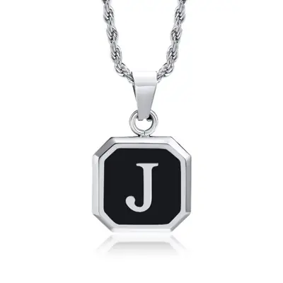 Image de Collier Initiale A-Z - Noir Carré Acier Inoxydable