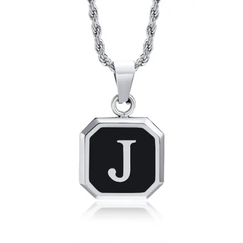 Image de Collier Initiale A-Z - Noir Carré Acier Inoxydable