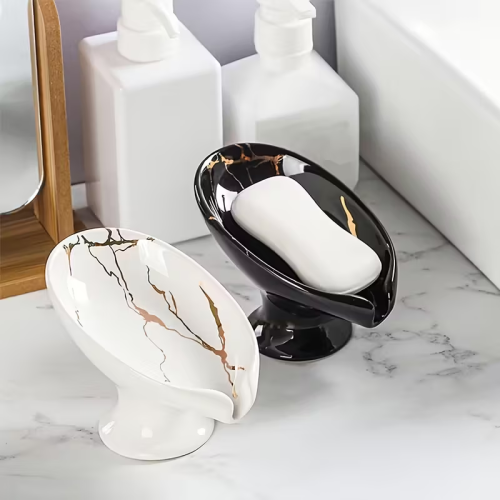 Zdjęcie Elegancki ceramiczny ociekacz na mydło w kształcie liścia – imitacja marmuru, łatwy w czyszczeniu, idealny dodatek do nowoczesnej łazienki