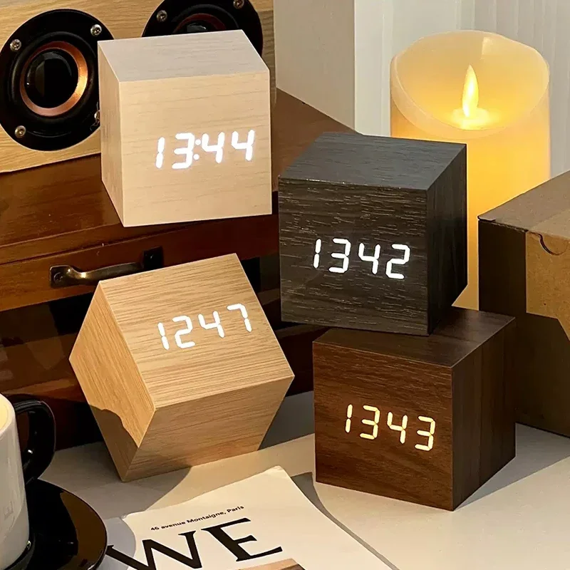 Image of Elegant Wooden Digital Alarm Clock with Temperature Display, Sound Control, USB & AAA Power, LED Backlight – Sleek Desktop or Bedside Timepiece for Modern Homes