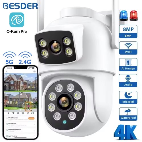 Image of Besder 4K 8MP WiFi PTZ Outdoor Security Camera with Dual Lenses, 10MP Resolution, Human Detection, Dual Screen Display, Audio, and Advanced IP Protection