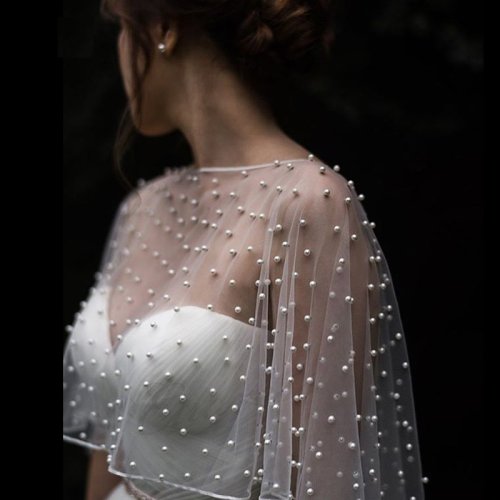 Image of Elegant Pearl-Adorned Bridal Bolero Cape with Short Front and Long Back – Perfect Wedding Wrap for Brides and Evening Events