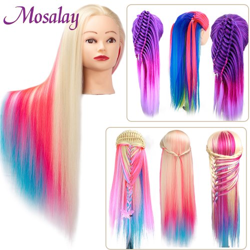 Imagen de Cabeza de Maniquí con Pelo Sintético Arcoíris para Entrenamiento de Estilismo Capilar - Ideal para Peluqueros y Estudiantes de Corte y Peinado