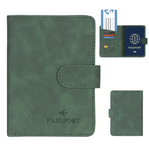 Imagen de Funda sencilla para pasaporte de viaje, cartera con bloqueo RFID, tarjetero de cuero PU para negocios, accesorios de viaje para mujeres y hombres