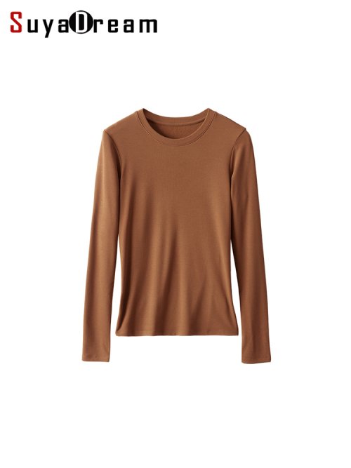 Immagine di Maglietta da Donna in Viscosa di Seta con Maniche Lunghe, Camicia Termica Basic Solida per Autunno e Inverno 2024