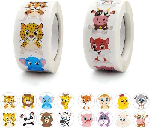 Image of 100 to 500 Round Animal Cartoon Stickers – 16 Fun Designs for Kids, Teachers Rewards, Party Decor, School & Home Use