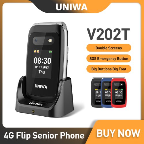Afbeelding van UNIWA V202T 4G Seniorenklaptelefoon 2,4 inch Dubbel Scherm Noodoproepknop Functie Telefoon 1450mAh Grote Drukknoppen Voor Ouderen