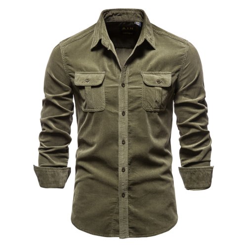 Immagine di 2021 Nuovo monopetto 100% cotone camicia da uomo business casual moda tinta unita velluto a coste camicie da uomo autunno camicia sottile da uomo