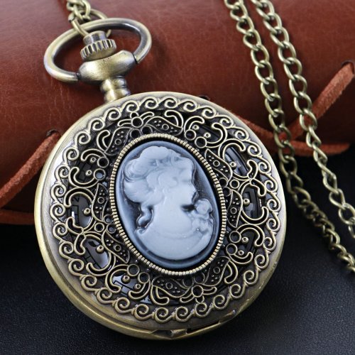 Image of Vintage Inspired Women's Head Stone Relief Quartz Pocket Watch with Bronze Pendant Necklace Chain – Elegant Fob Watch for Boys and Girls