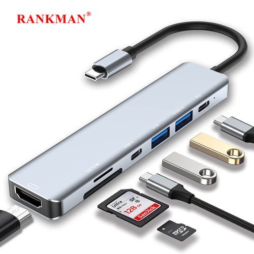 Imagen de Hub USB-C con Puerto HDMI 4K, Lector de Tarjetas SD/TF, USB 3.0 y 2.0, Conexión de Carga para MacBook, iPad, Samsung Galaxy S22, TV y Mouse