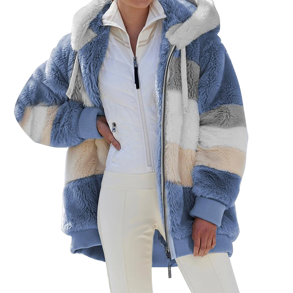 Bild von Übergroße Damenjacke mit Kapuze – Warme Plüsch-Winterjacke im Streetwear-Stil, Reißverschluss, Taschen, Kaschmir-Optik, Lockere Oberbekleidung für Herbst und Winter 2025