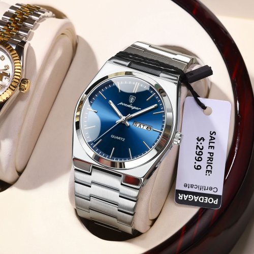 Immagine di Orologio da Uomo di Lusso Impermeabile con Display Luminoso, Data e Giorno della Settimana in Acciaio Inossidabile - Orologio Quarzo Casual con Scatola Regalo