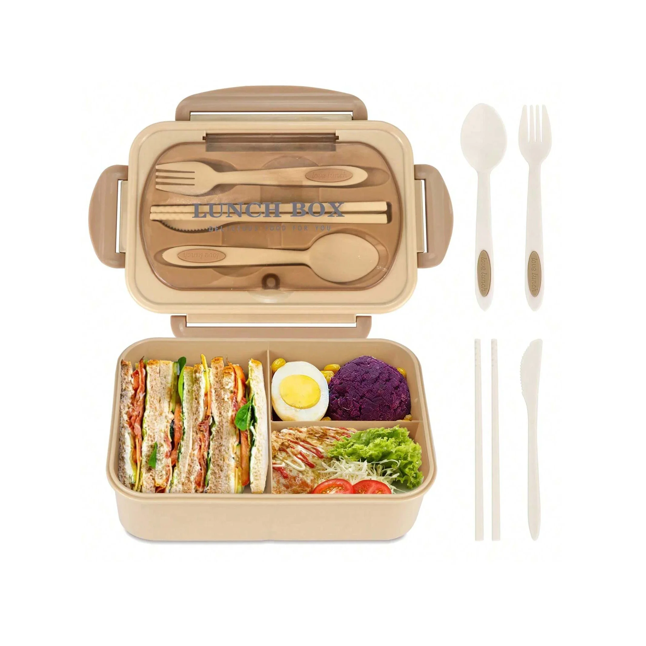 Image of Eco-Friendly Multi-Compartment Bento Lunch Box with Utensils – Microwave-Safe, Leak-Proof Food Storage for Kids, Students & Office Workers