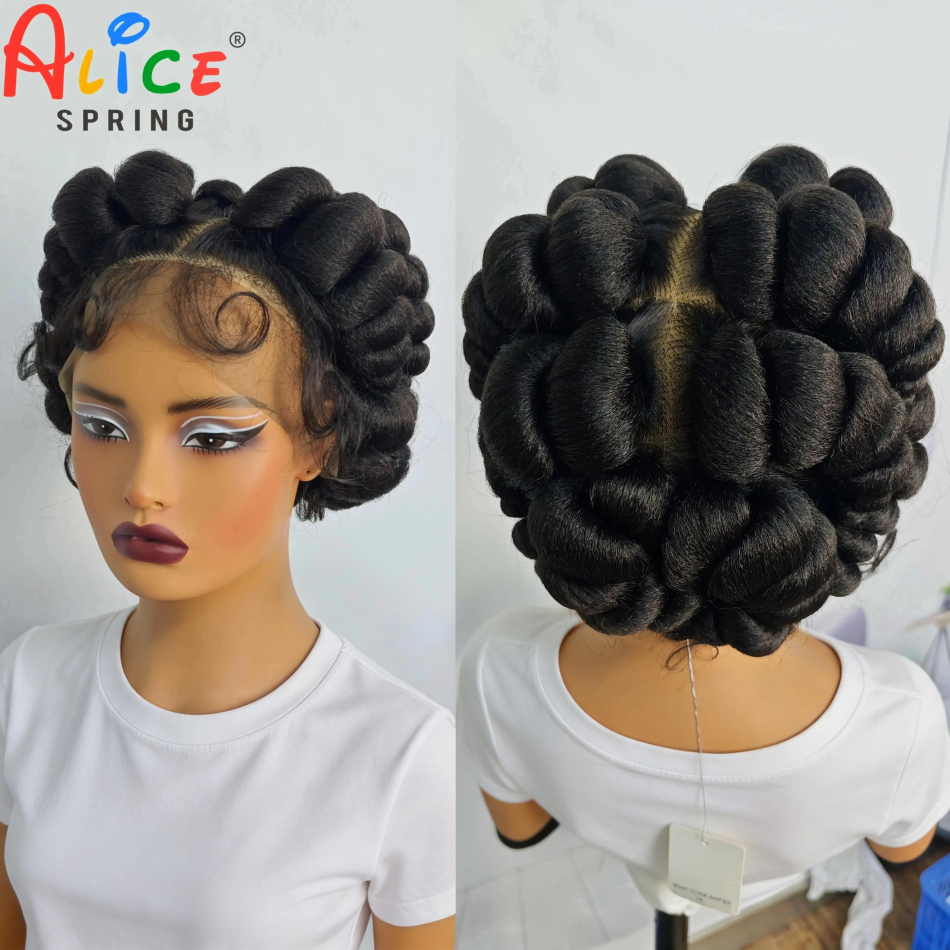 Afbeelding van Natuurlijke Kleur 6Inch Transparante Full Lace Gevlochten Pruiken Korte Leuke Handgemaakte Bantu Syn...