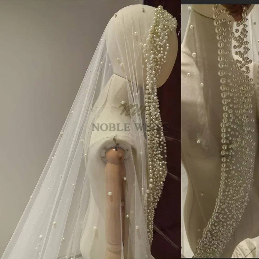 Image of Elegant Long Bridal Veil with Luxurious Pearl Embellishments – Customizable Without Comb for Timeless Wedding Style