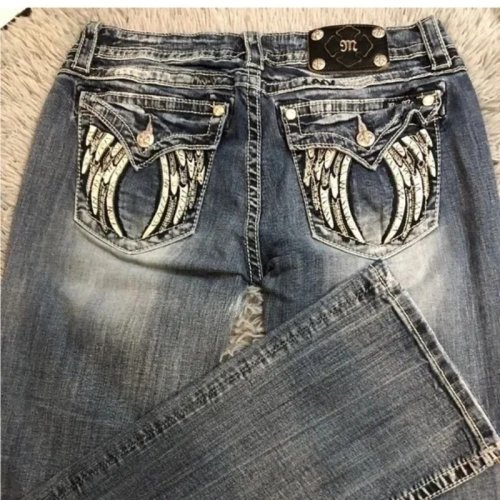 Immagine di Jeans a Gamba Larga Donna Y2K con Tasca Ad Ala Ricamata - Stile Harajuku Gotico Hip Hop, Taglia Su Misura, Design American Retro