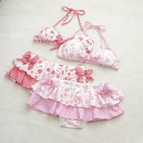 Image of Y2K Summer Sweet Pink Patchwork Bikini Set with Cute Bow and Sexy Lace-Up Design – Trendy Beach Vacation Swimwear for Women 2025