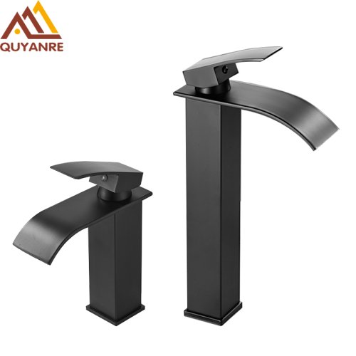 Image of Quyanre Matte Black Waterfall Basin Faucet Single Handle Mixer Hot Cold Water Basin Crane Tap For Bathroom Wash Basin Mixer Tap