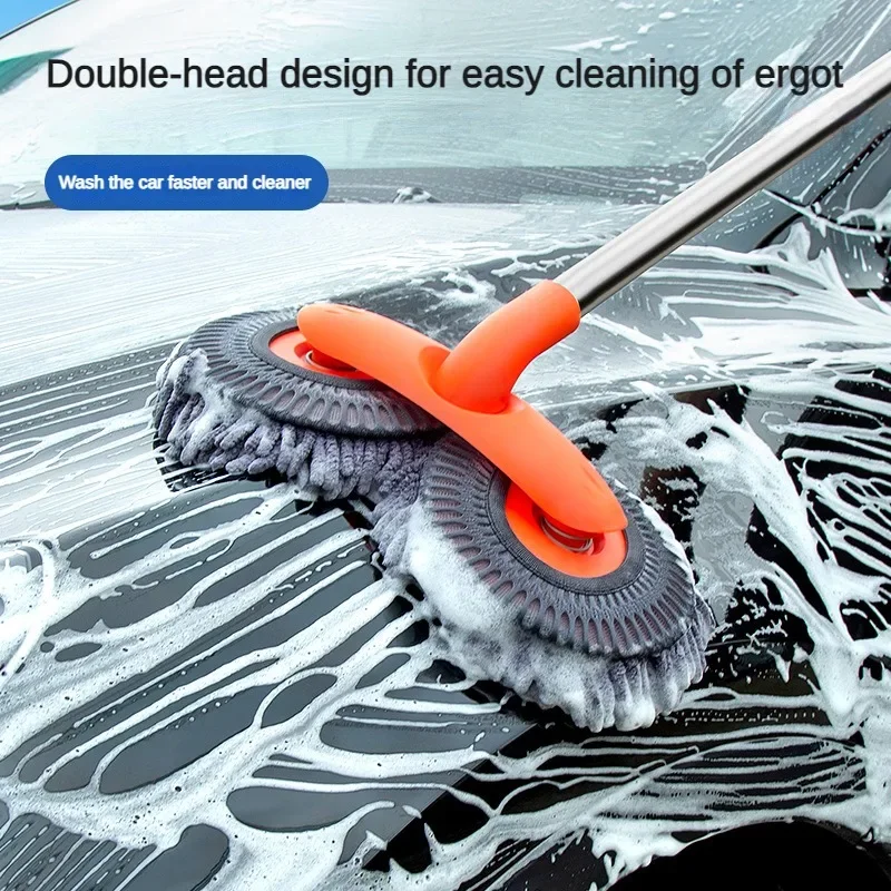 Image of Rotating Dual-Brush Car Wash Mop with Telescopic Handle – 3-Section Extendable Design for Roof, Windows & Vehicle Cleaning