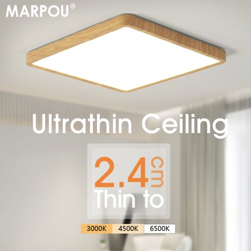 Image de Plafonnier LED Carré Ultra Mince - Design Bois Naturel