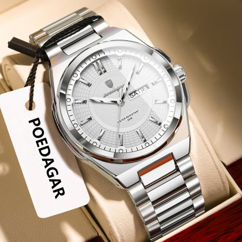 Bild von POEDAGAR Top Business herren Uhren Edelstahl Wasserdicht Leucht Mann Uhr Datum Woche Quarz Casual Mode Männer Armbanduhr